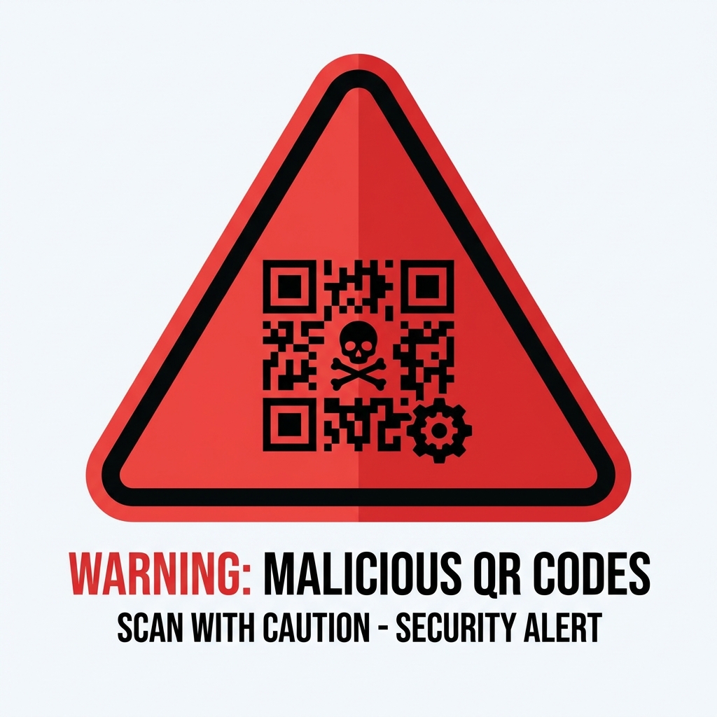 Warning sign showing a malicious QR code sticker placed over a legitimate parking meter QR code